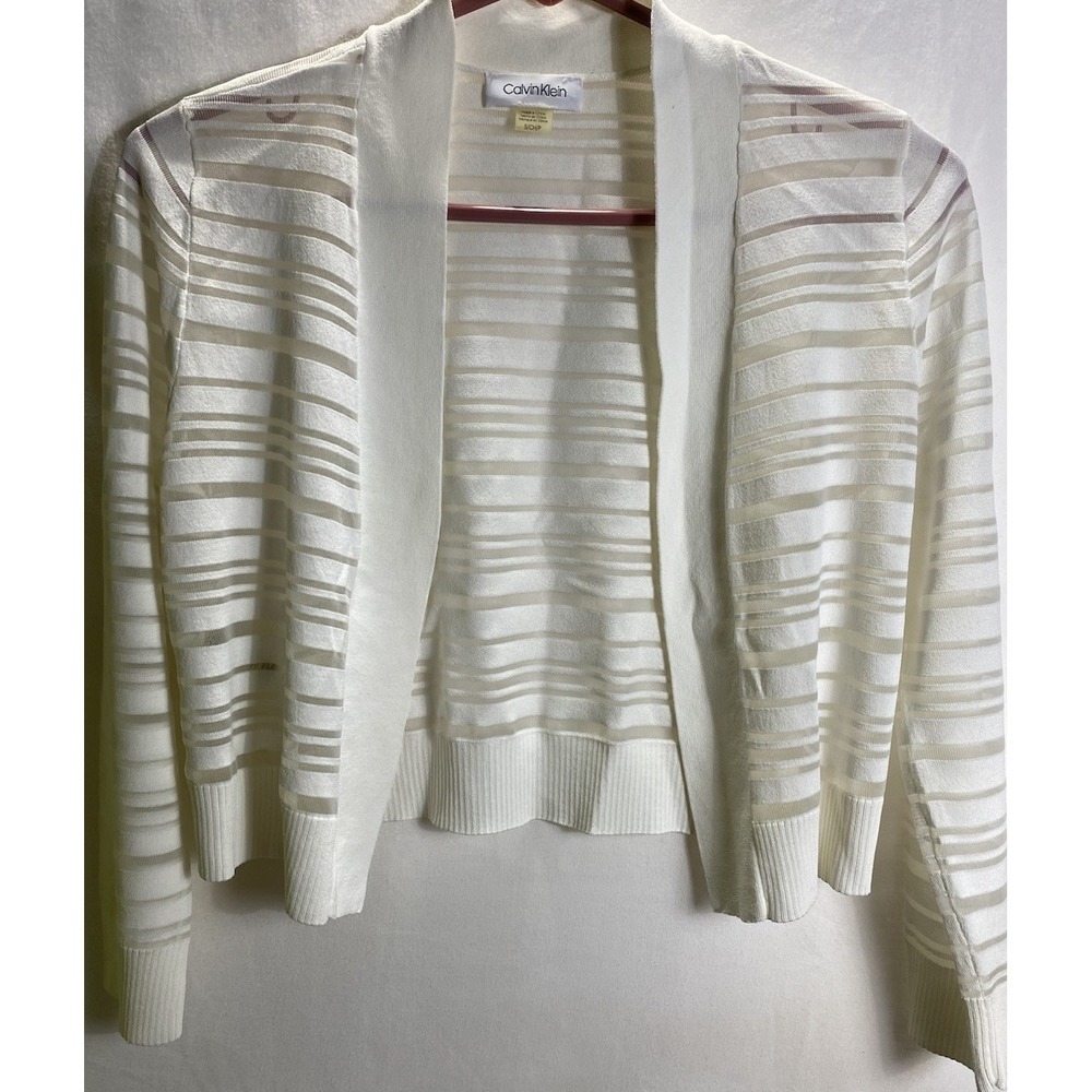 Calvin Klein Small White Sheer Cardigan Cropped‎ Open Front Long Sleeve Sweater